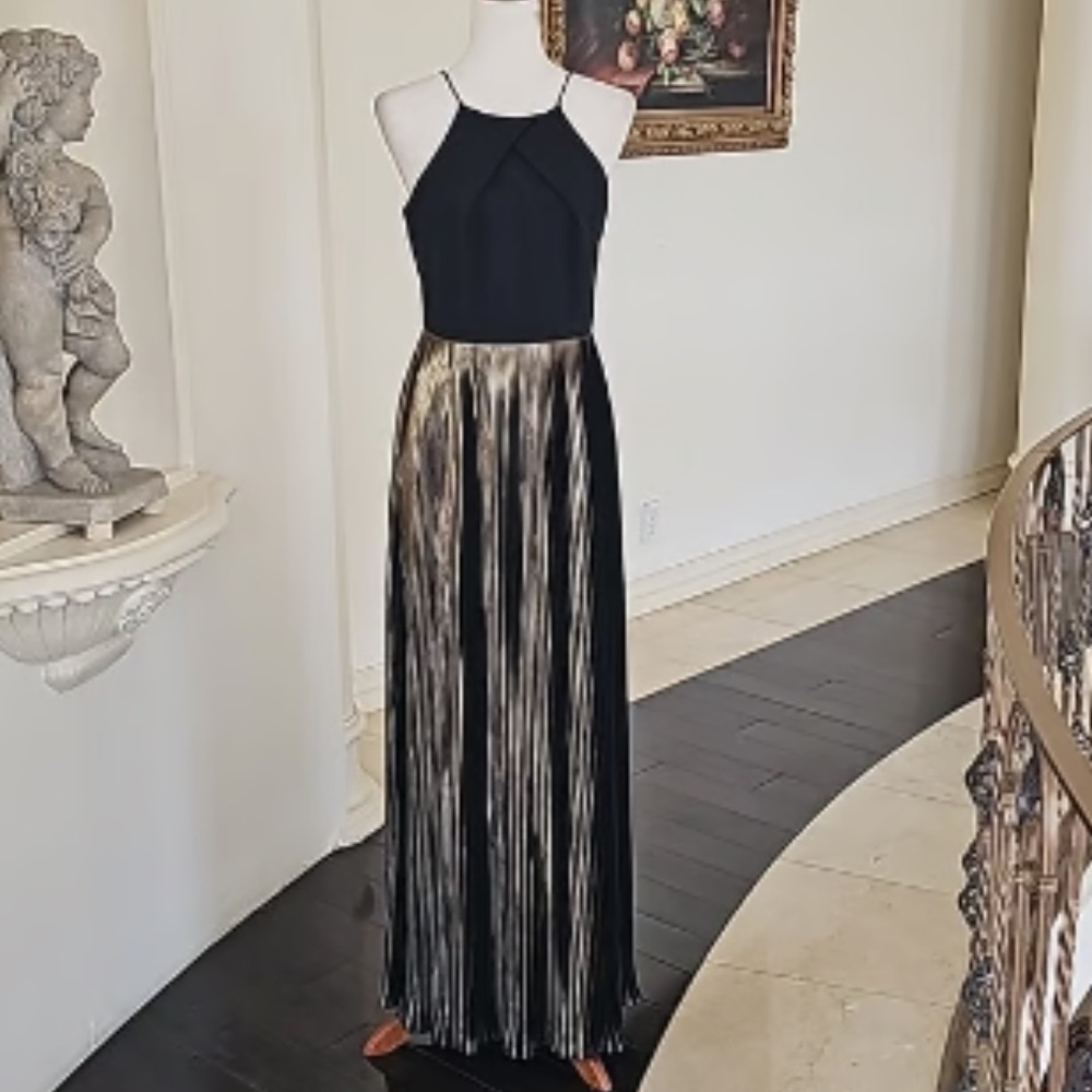 Aidan by Mattox Black & Gold Metallic Halter Gown